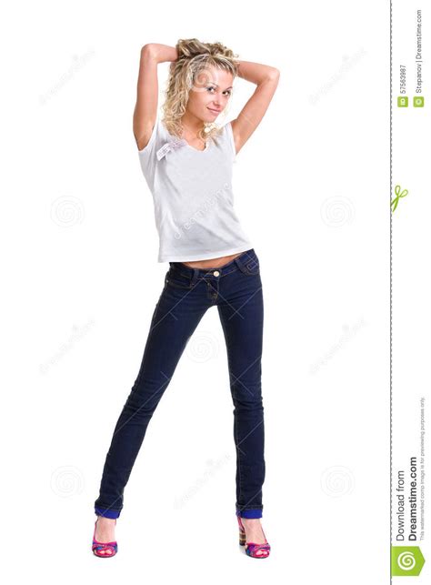 Young Woman Standing Full Body In Jeans Wear Stock Image Image Of