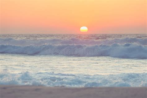 Sunset Over The Ocean Panorama Of Ocean Waves And Setting Sun Stock