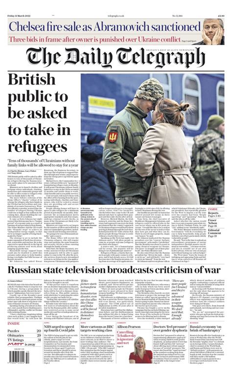 Daily Telegraph Front Page 11th Of March 2022 Tomorrows Papers Today