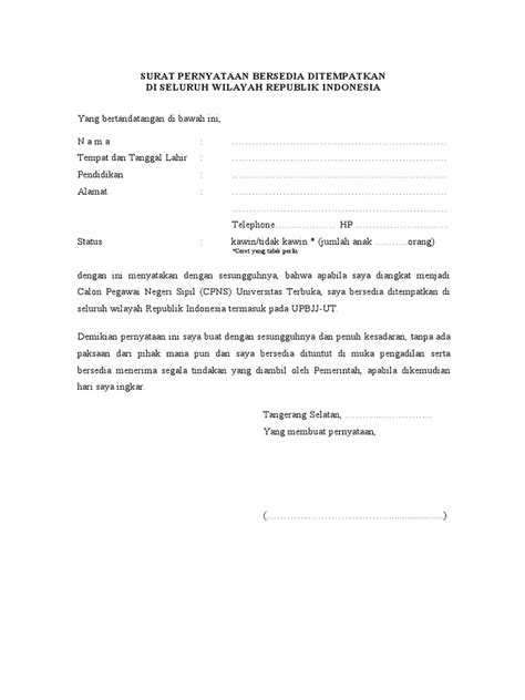 Di seluruh wilayah republik contoh surat pernyataan bersedia di tempatkan di seluruh unit kerja kementan untuk semua pelamar surat_pernyataan_bersedia penempatan dimana saja_cpns kementan 2018. Surat Pernyataan Siap Ditempatkan Diseluruh Wilayah ...