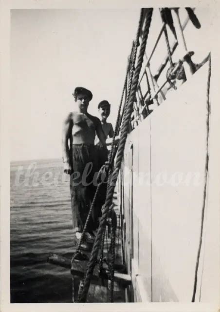 Vintage Male Nude Vernacular Snapshot Muscular Guys On Side Of Boat