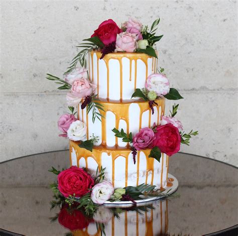 3 Tier Semi Naked Caramel Drizzle And Flowers Regnier Cakes