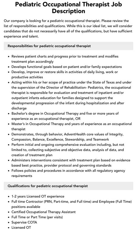 Pediatric Occupational Therapist Job Description Velvet Jobs