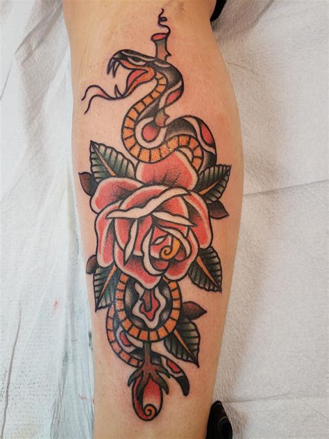 American Traditional Rose And Snake Done By Cody Oxford Tattoo Ms