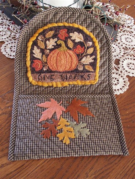 Fall Punch Needle Pocket With Wool Applique Fall Leaves