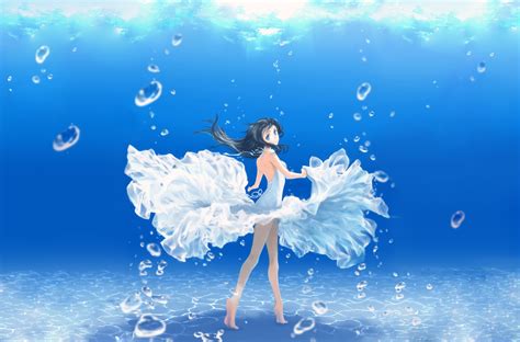 Water Dress Blue Eyes Long Hair Bubbles Barefoot Anime