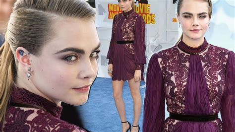 Cara Delevingne Flaunts Her Perfect Pins In Mauve Dress At Mtv Movie
