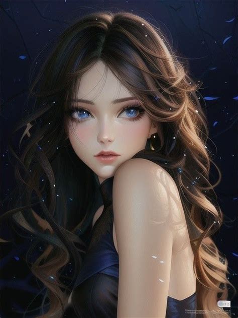 A Digital Painting Of A Woman With Long Hair And Blue Eyes Wearing A Black Dress