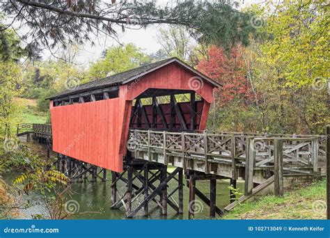 Covered Bridge Over Pond Stock Image Image Of Colorful 102713049