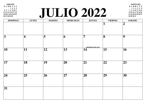 Plantilla Calendario Mes Julio Agosto 2022 Calendario 2022 En Blanco