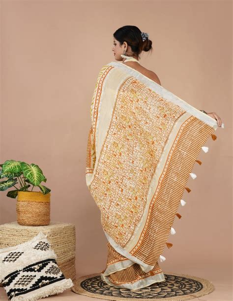 shivanya handicrafts women s linen hand block printed saree with blouse piece cl 065 at rs 650