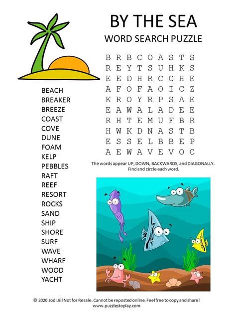 By The Sea Word Search Puzzle In 2021 Word Puzzles For Kids Word