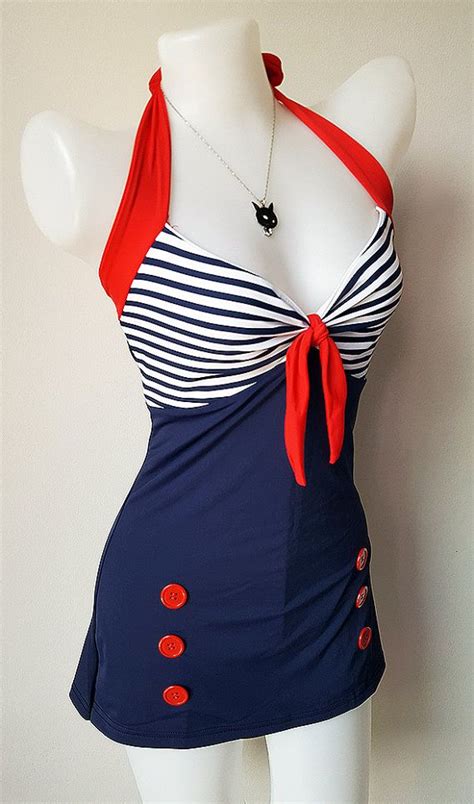 Vtg 50s Bettie Women Swimsuit In Navy Blue Red Retro Vintage Sailor