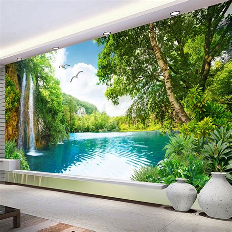 Custom 3d Wall Mural Wallpaper Home Decor Green Mountain Waterfall Nat