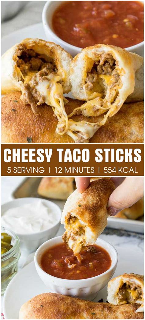 Place about a tbsp or more of the taco meat in the center of each pizza dough, top with a halved cheese stick and then carefully roll up the pizza stick, making sure to pinch all seams closed. Cheesy Taco Sticks - HealthyCareSite