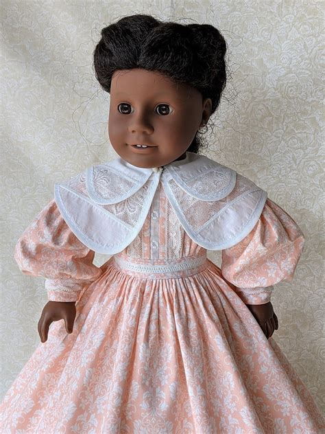 addy in a peach damask 1800s style gown and capelet agpastime american girl doll patterns all