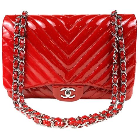 Chanel Red Patent Leather Jumbo Chevron Flap Bag With Silver Hardware