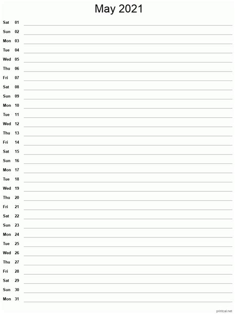 Printable May 2021 Calendar Single Column Notesheet
