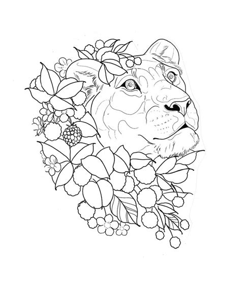 Lioness Head With Flowers Tattoo Sketch Design Lion Head