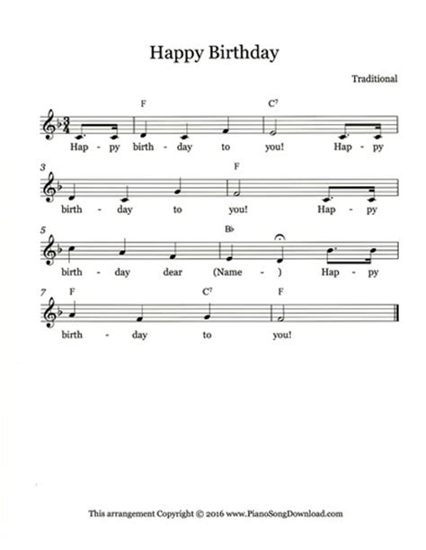 Free printable sheet music for happy birthday for beginner/level 1 piano solo. Happy Birthday: Free Lead Sheet with melody, lyrics and chords