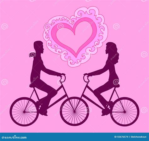 Vector Illustration With Happy Couple Riding On Bikes Towards Each
