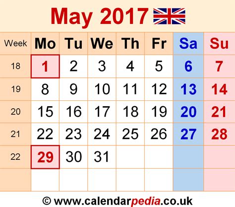 Calendar May 2017 Uk With Excel Word And Pdf Templates
