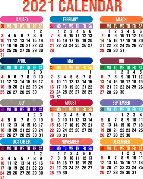 Diseño De Calendario Colorido Editable 2021 Png 2021 Calendario