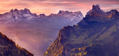 배경 화면 1900x898 Px 숲 잔디 경치 안개 산들 자연 눈 덮인 피크 햇빛 스위스 알프스 마을