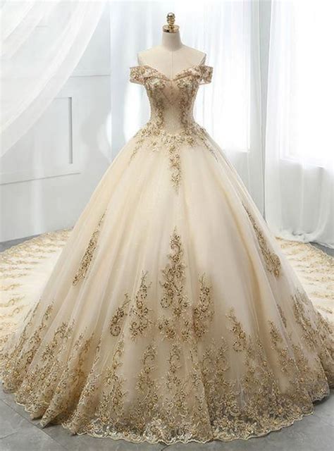 Champagne Ball Gown Tulle Evening Dress Gold Lace Appliques Wedding