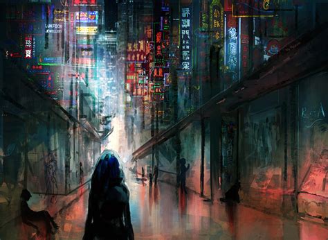 Anime Cyberpunk Scifi City Lights Night Buildings