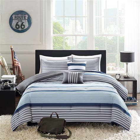 Nautical living blue, white, khaki & gray teen boys nautical stripe full comforter set (8 piece bed in a comforter sets in queen, king and other mattress sizes can give your room a fresh look with one whether you want a queen comforter set or a twin size comforter for any type of innerspring. BEAUTIFUL BLUE GREY WHITE STRIPE SOFT COMFORTER SET ...