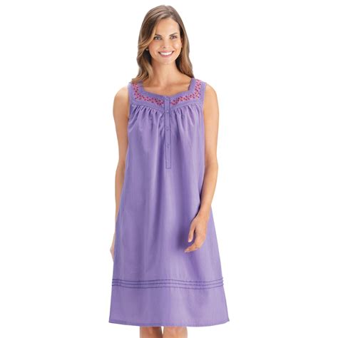Sleeveless Cotton Nightgown With Floral Embroidered Neckline