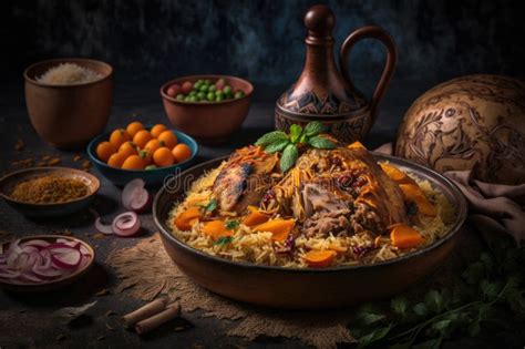 Saudi Arabian Dish Chicken Kabsa With Rice Mandi Illustration Ai