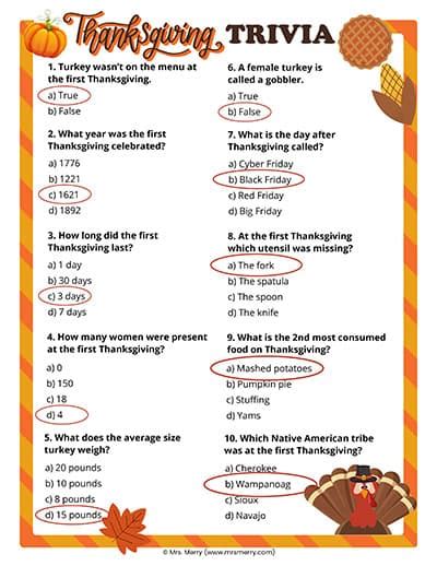 Thanksgiving Trivia Printable With Answers