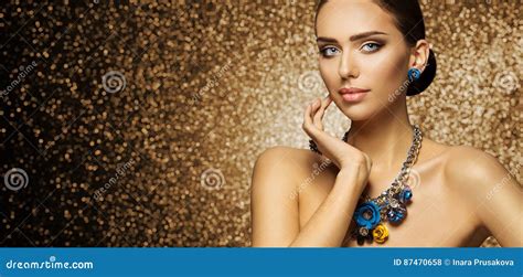 Fashion Model Makeup Portrait Elegant Woman In Necklace Jewelry Stock