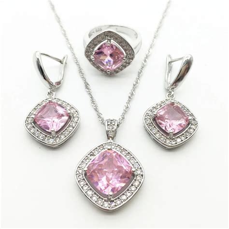Pink 925 Sterling Silver Jewelry Sets AAA Zircon Necklace Pendant Drop