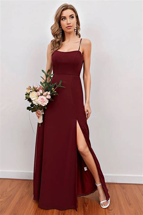 Burgundy Spaghetti Straps Long Bridesmaid Dress With Split In 2021