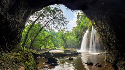 Hd Wallpaper Cave Waterfall Haew Su Wat Waterfall Khao Yai National