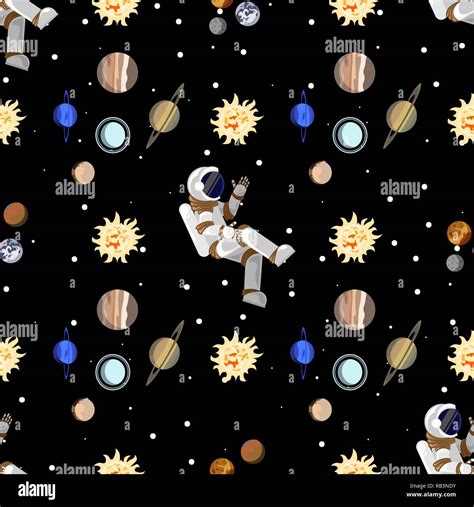 Seamless Pattern Flat Style Astronaut In Open Space In The Solar System