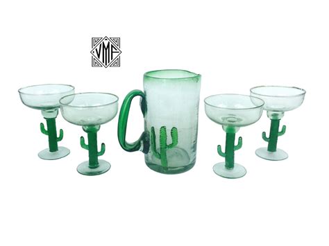 Vintage Barware Mexican Handblown Glass Margarita Set 4 Green Saguro