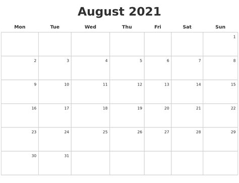 August 2021 Make A Calendar