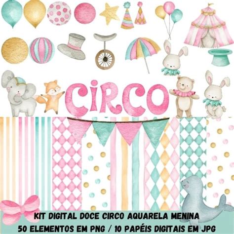 Kit Digital Circo Rosa Menina Aquarela No Elo7 1 2 3 Arquivos
