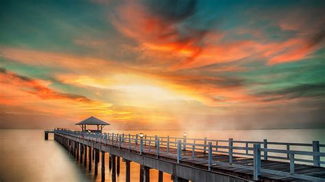 Hd Wallpaper Bridge Pier Coast Sea Sunset Wallpaper Flare