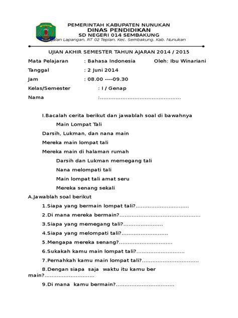 Soal Bahasa Indonesia Kelas 1 Sd Semester Genap Bagikan Kelas