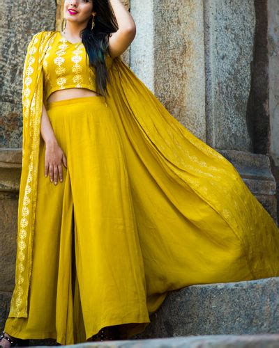 Mustard Top With Attached Cape And Palazzos By Label Nitika The Secret Label