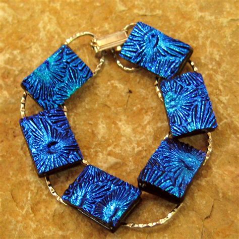 fused glass link bracelet blue dichroic glass bracelet