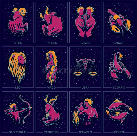 Vector Illustration Of Zodiac Signs On Night Starry Sky Background