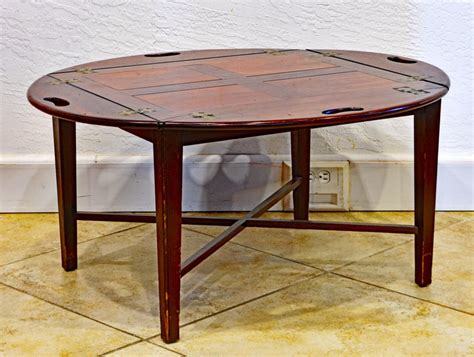 English Paneled Mahogany Oval Form Butlers Tray Coffee Table On Stand