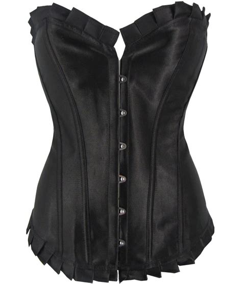 long black satin corset with ruffled trim discreet tiger
