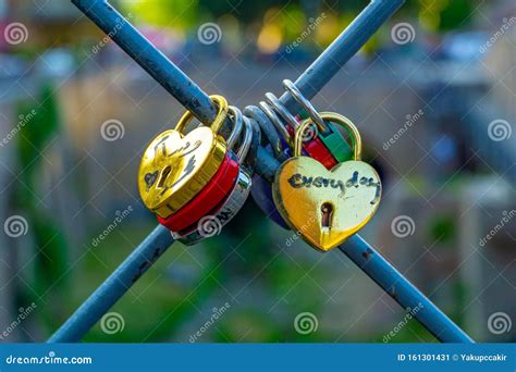 Close Up Love Padlocks On Metal Wire Stock Image Image Of Sccene
